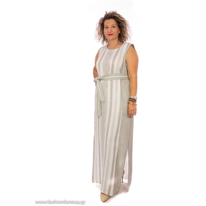 Αμάνικο ριγέ maxi φόρεμα με ζώνη (Plus Size)
