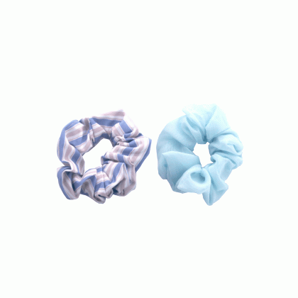 Σετ 2 scrunchies μονόχρωμο & ριγέ - Γαλάζιο