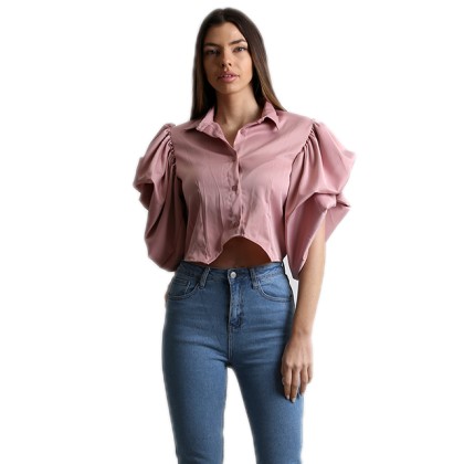 Crop πουκάμισο σατέν με φουσκωτά μανίκια (Ροζ)