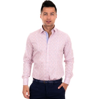 Zen Zen Ροζ ανδρικό πουκάμισο με μωβ σιρίτι και πουά λεπτομέρειε