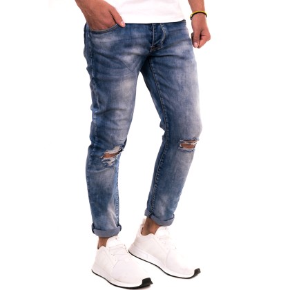 Justing Μπλε ανδρικό jean παντελόνι με ξέβαμα και σκίσιμο